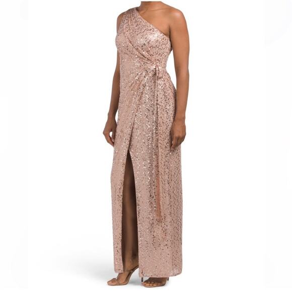 NWT New Aidan by Aidan Mattox One Shoulder Sequin Gown Size 2 - Picture 3 of 11